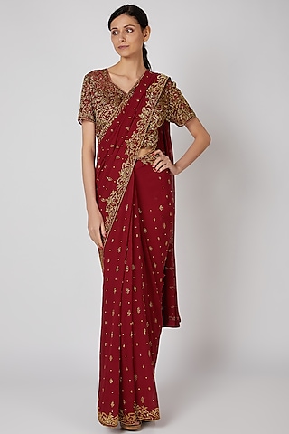 Wine Embroidered Ruffled Saree With Belt