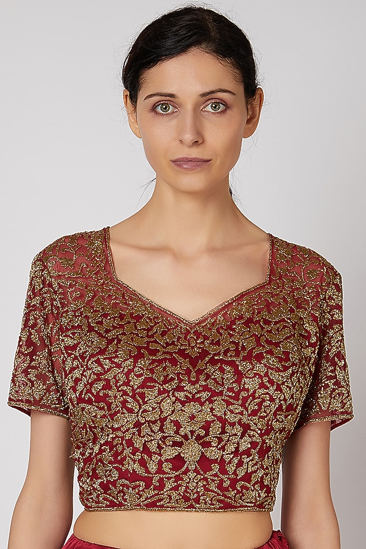 Maroon Hand Embroidered Reception Saree Set by Rabani & Rakha at Pernia's Pop Up Shop