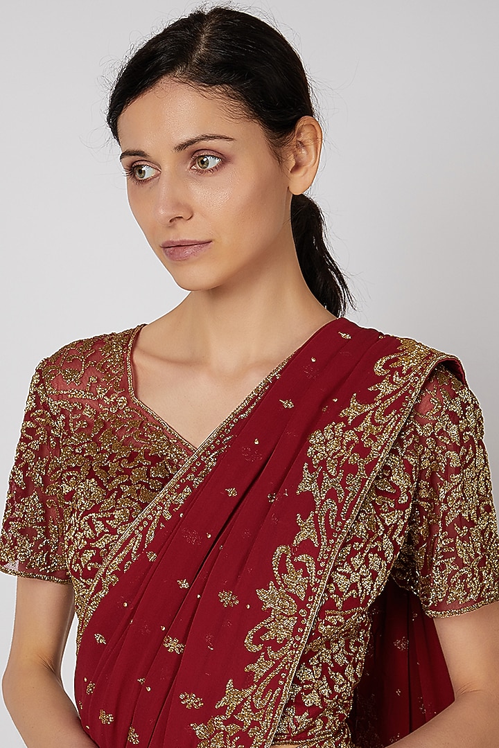 Maroon Hand Embroidered Reception Saree Set by Rabani & Rakha at Pernia's Pop Up Shop