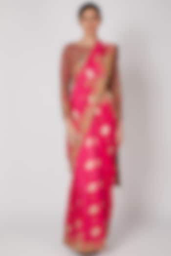 Rani Pink Embroidered Saree Set by Rabani & Rakha