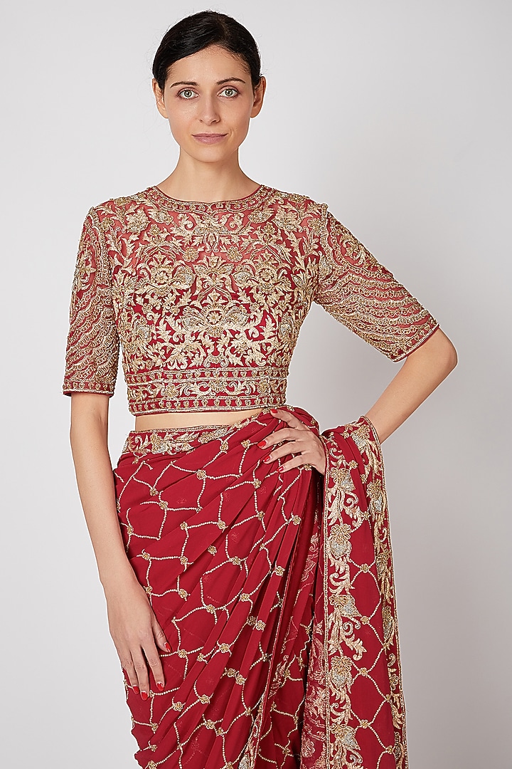 Maroon Jaal Embroidered Reception Saree Set by Rabani & Rakha at Pernia's Pop Up Shop