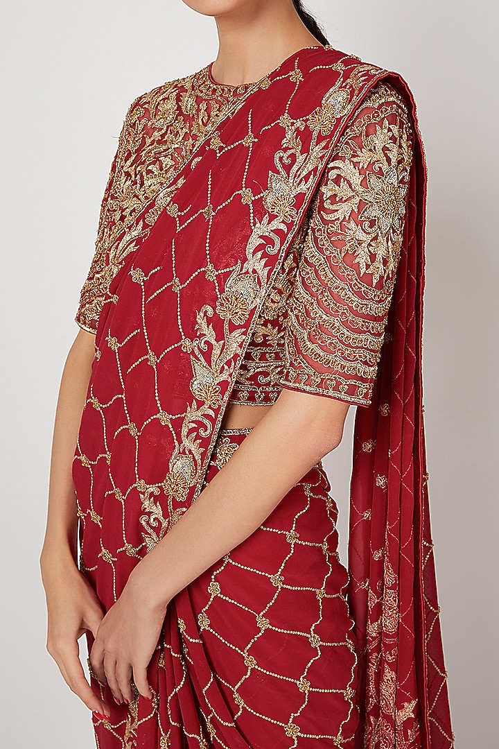 Maroon Jaal Embroidered Reception Saree Set by Rabani & Rakha at Pernia's Pop Up Shop