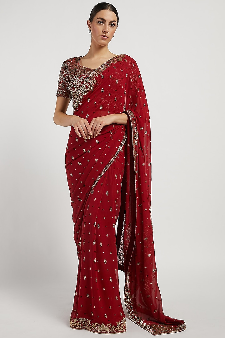 Maroon Hand Embroidered Reception Saree Set by Rabani & Rakha at Pernia's Pop Up Shop