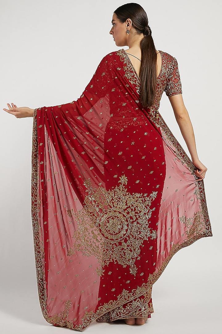 Maroon Hand Embroidered Reception Saree Set by Rabani & Rakha at Pernia's Pop Up Shop