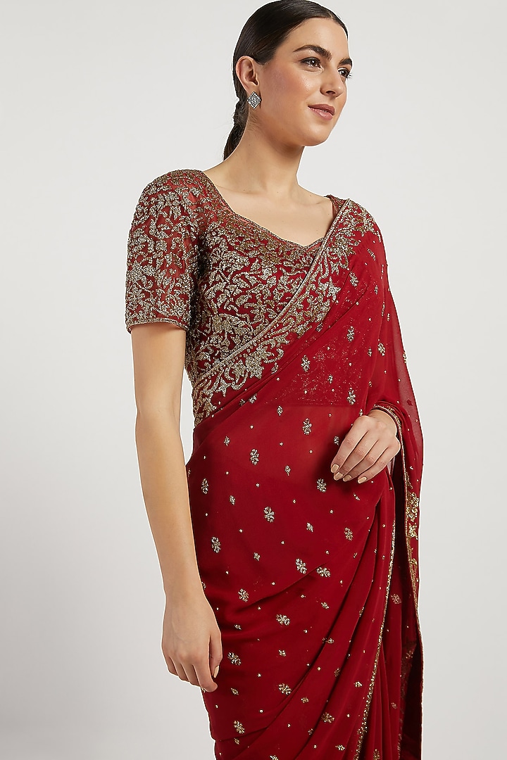 Maroon Hand Embroidered Reception Saree Set by Rabani & Rakha at Pernia's Pop Up Shop