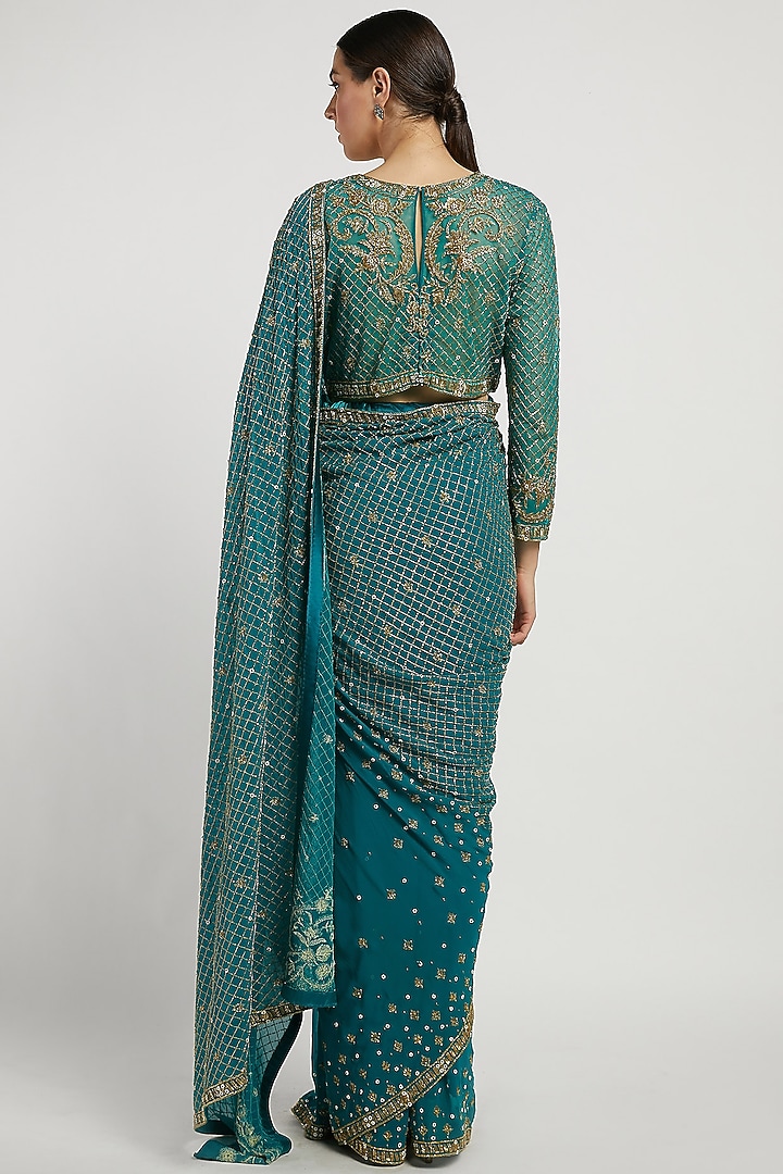 Green Hand Embroidered Reception Saree Set by Rabani & Rakha at Pernia's Pop Up Shop