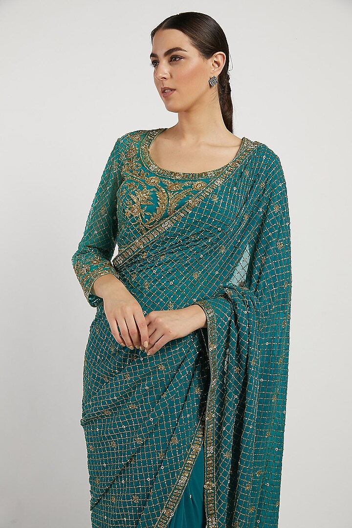 Green Hand Embroidered Reception Saree Set by Rabani & Rakha at Pernia's Pop Up Shop