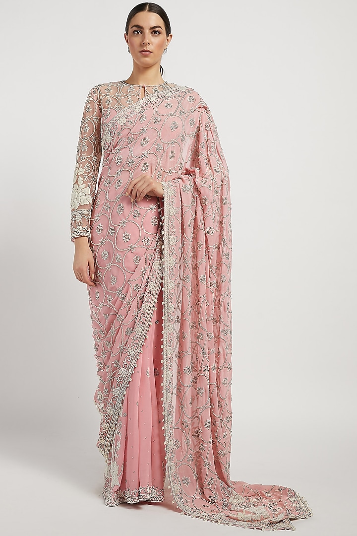 Pink Hand Embroidered Bridal Saree Set by Rabani & Rakha at Pernia's Pop Up Shop