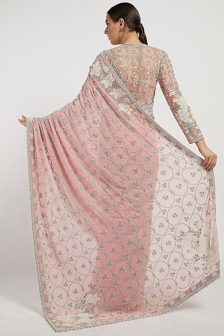 Pink Hand Embroidered Bridal Saree Set by Rabani & Rakha at Pernia's Pop Up Shop