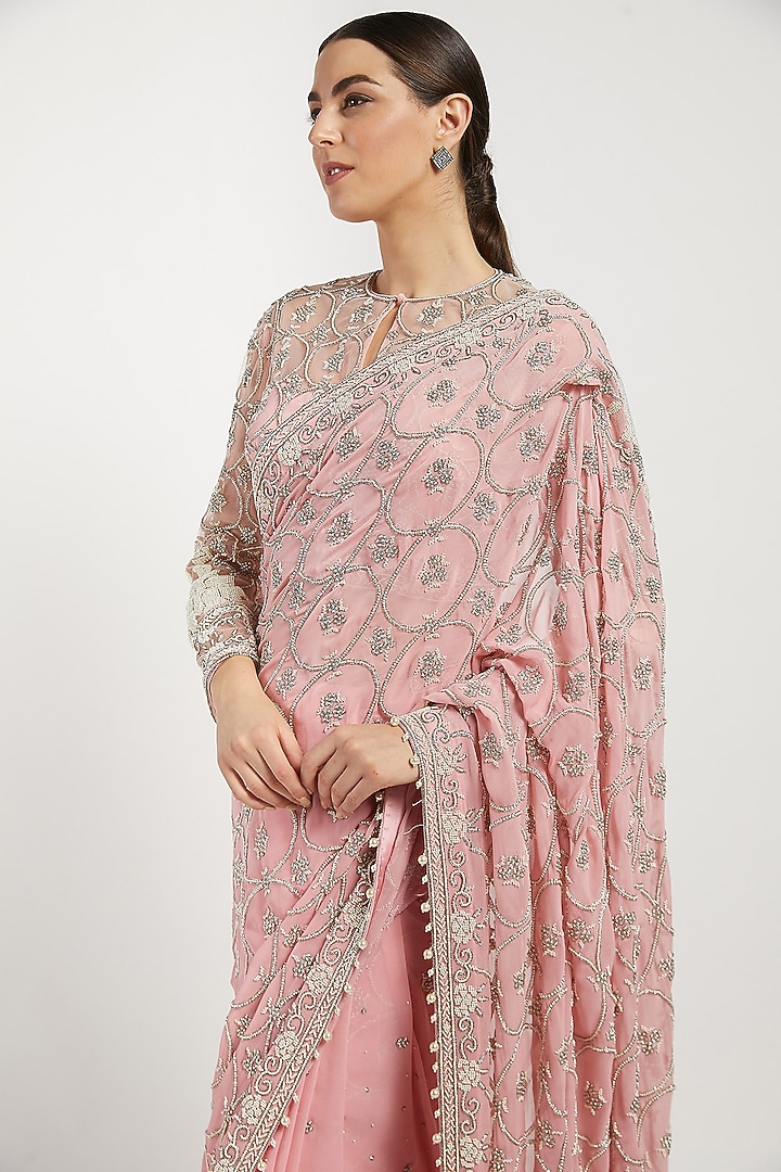 Pink Hand Embroidered Bridal Saree Set by Rabani & Rakha at Pernia's Pop Up Shop