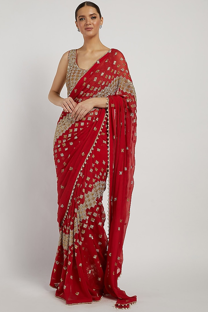 Red Hand Embroidered Reception Saree Set by Rabani & Rakha at Pernia's Pop Up Shop