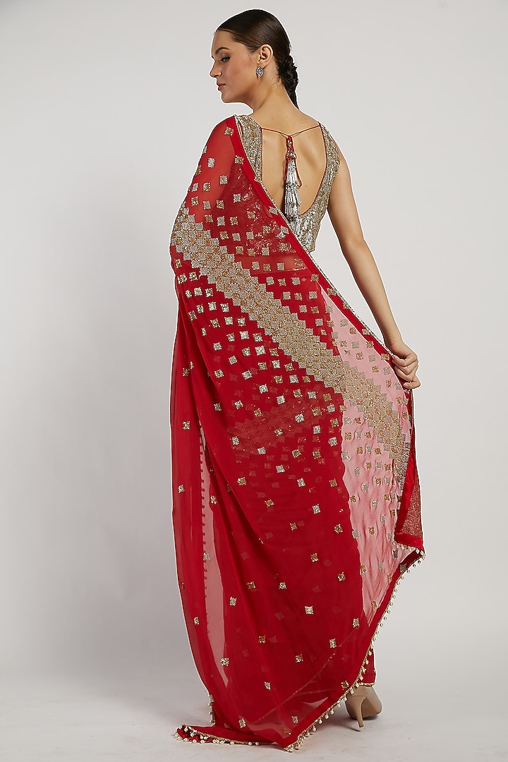 Red Hand Embroidered Reception Saree Set by Rabani & Rakha at Pernia's Pop Up Shop