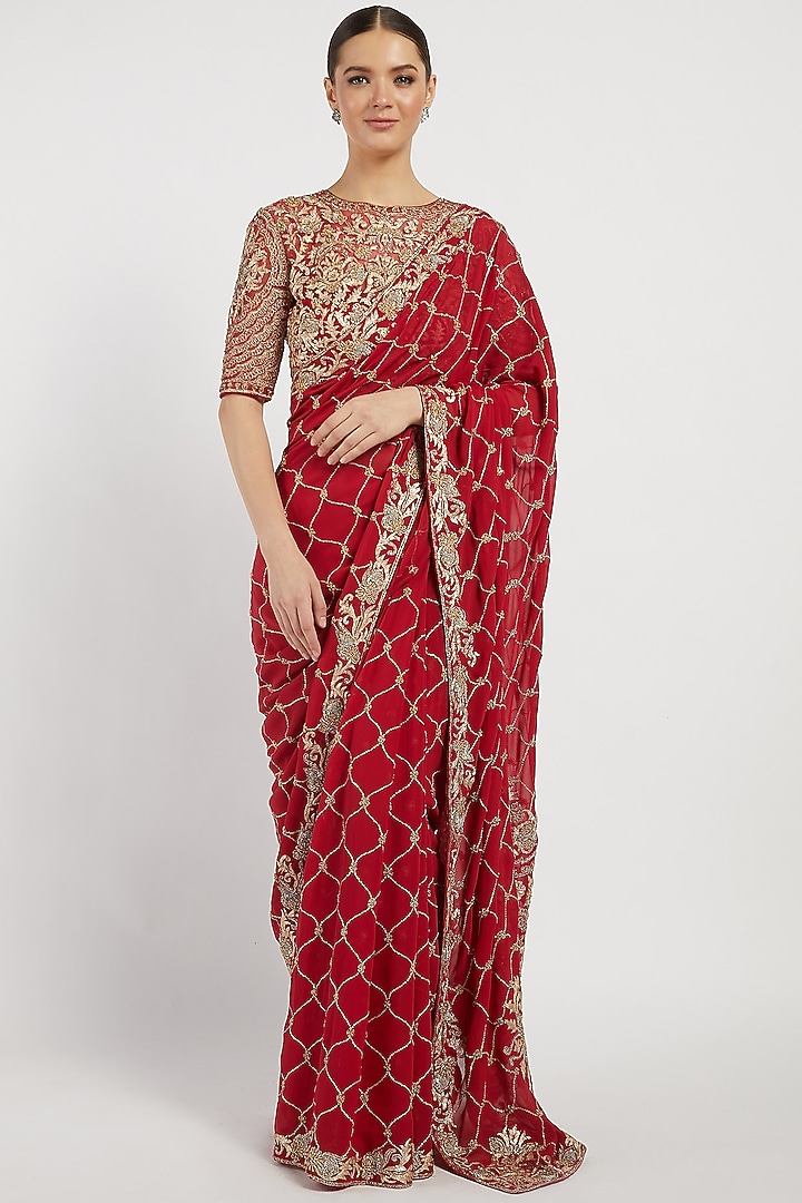 Red Hand Embroidered Bridal Saree Set by Rabani & Rakha at Pernia's Pop Up Shop