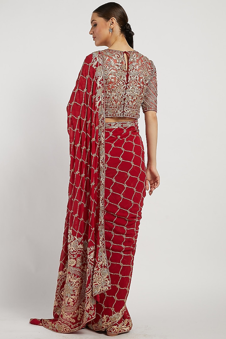 Red Hand Embroidered Bridal Saree Set by Rabani & Rakha at Pernia's Pop Up Shop