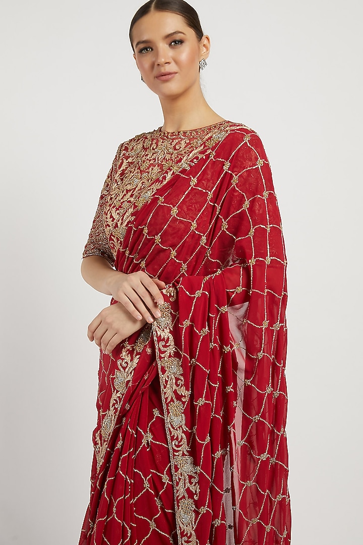 Red Hand Embroidered Bridal Saree Set by Rabani & Rakha at Pernia's Pop Up Shop