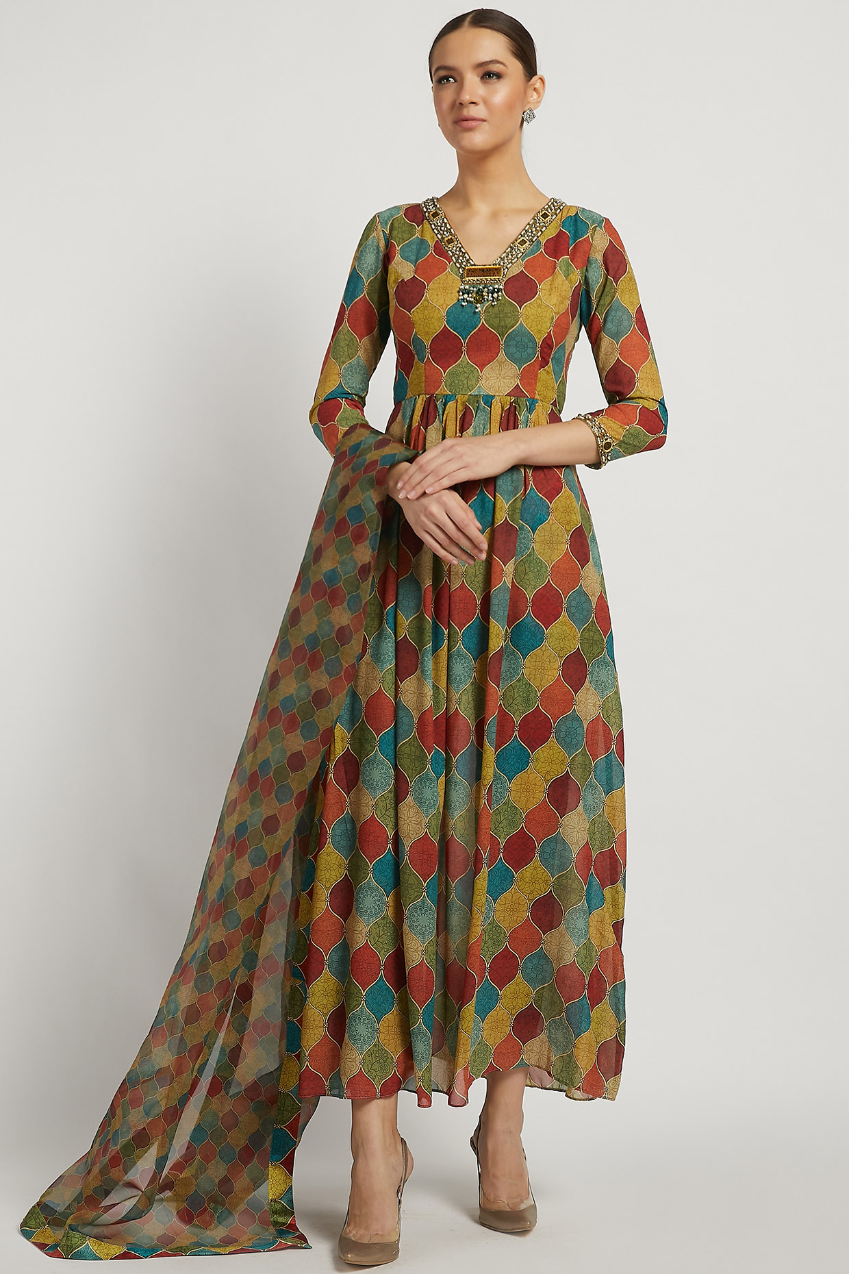 Multi Coloured Kurta Set With Jaal Work by Rabani & Rakha at Pernia's Pop Up Shop