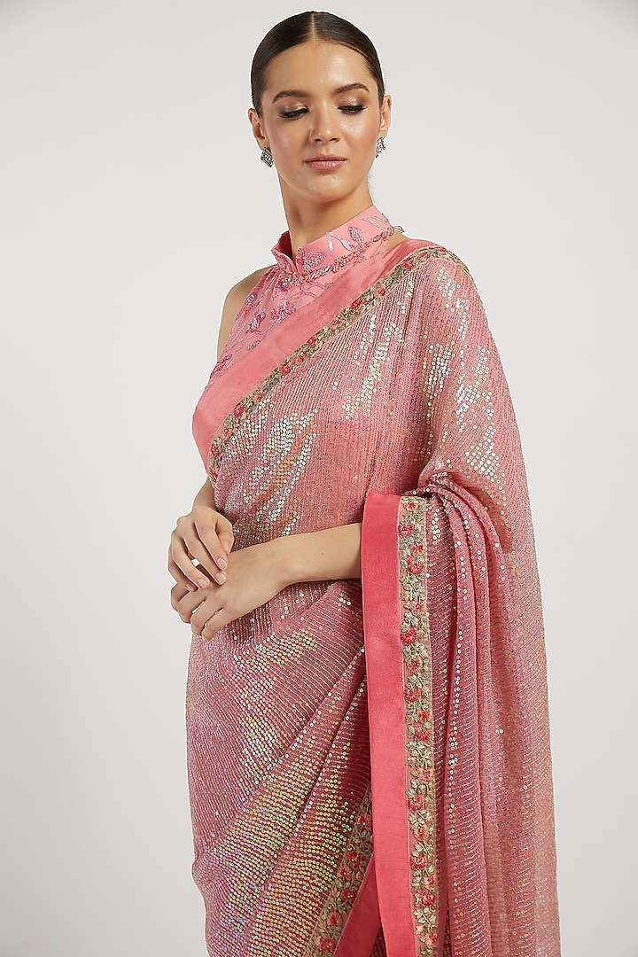 Pink Embroidered Reception Saree Set by Rabani & Rakha at Pernia's Pop Up Shop