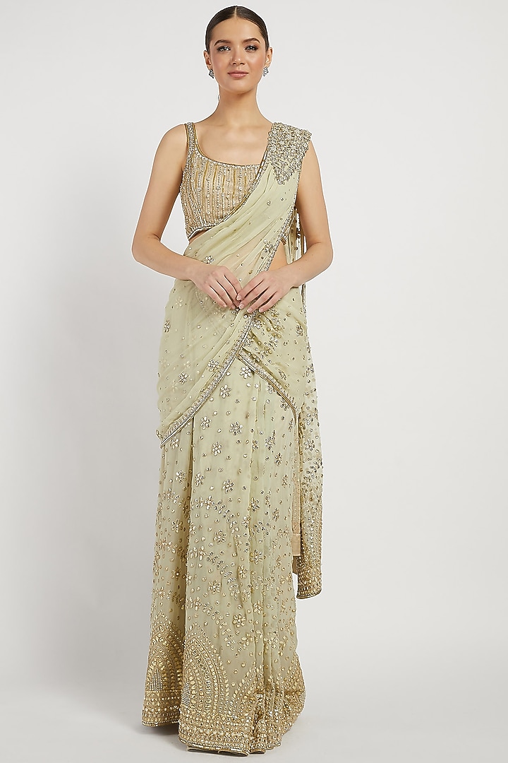 Sage Green Georgette Reception Saree Set by Rabani & Rakha at Pernia's Pop Up Shop