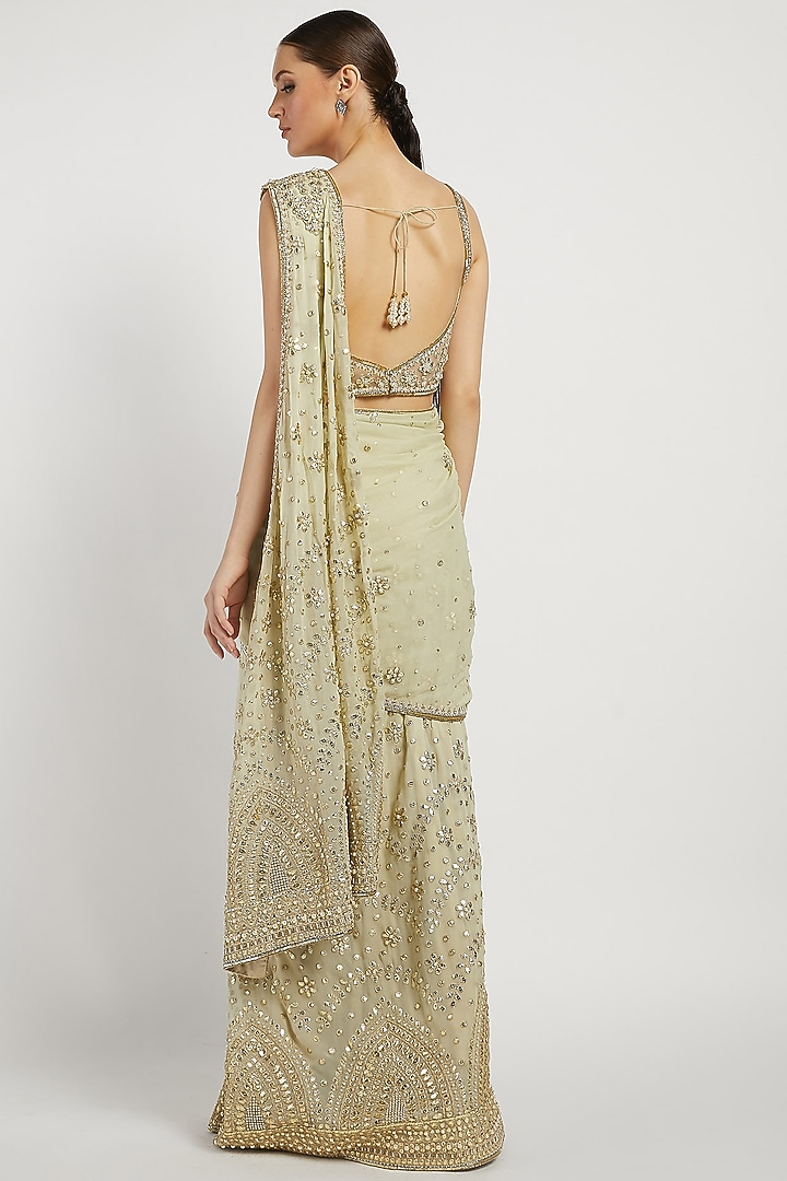 Sage Green Georgette Reception Saree Set by Rabani & Rakha at Pernia's Pop Up Shop