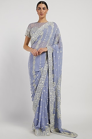Sky Blue Hand Embroidered Saree Set by Rabani & Rakha