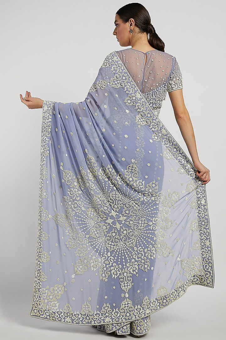 Sky Blue Hand Embroidered Reception Saree Set by Rabani & Rakha at Pernia's Pop Up Shop