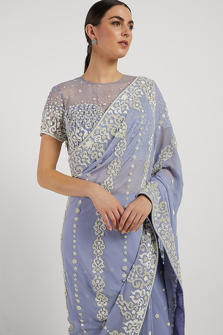 Sky Blue Hand Embroidered Reception Saree Set by Rabani & Rakha at Pernia's Pop Up Shop