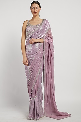Purple Hand Embroidered Saree Set by Rabani & Rakha