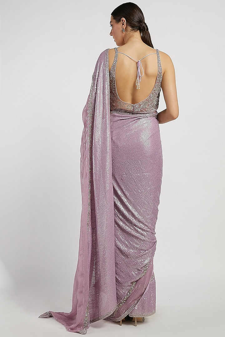 Purple Hand Embroidered Reception Saree Set by Rabani & Rakha at Pernia's Pop Up Shop