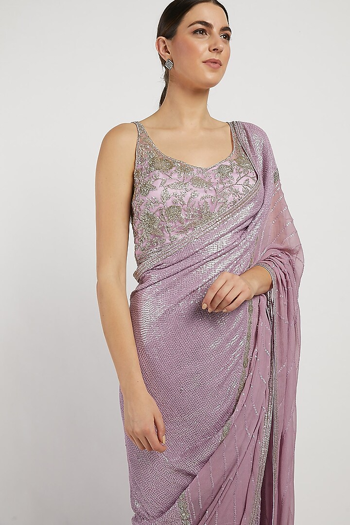 Purple Hand Embroidered Reception Saree Set by Rabani & Rakha at Pernia's Pop Up Shop