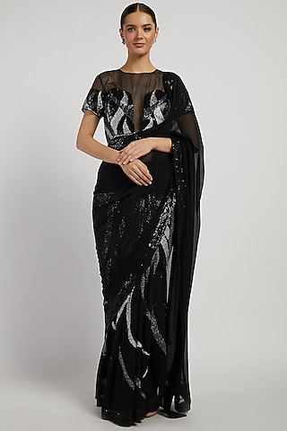Black Hand Embroidered Saree Set by Rabani & Rakha