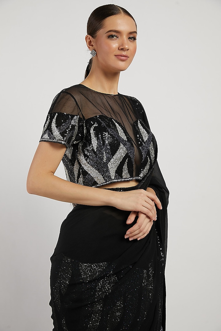 Black Hand Embroidered Reception Saree Set by Rabani & Rakha at Pernia's Pop Up Shop