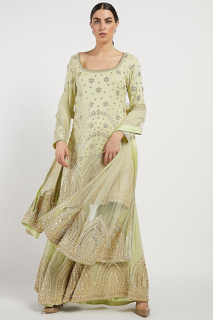 Sage Green Georgette Embroidered Gharara Set by Rabani & Rakha