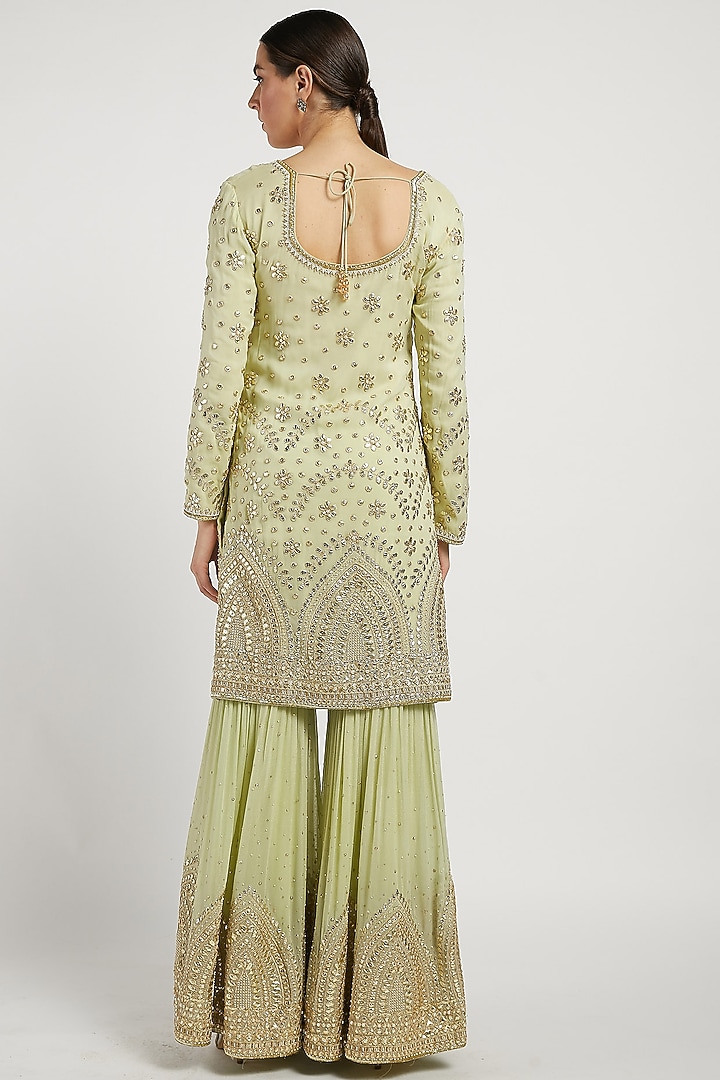 Sage Green Georgette Embroidered Gharara Set by Rabani & Rakha at Pernia's Pop Up Shop