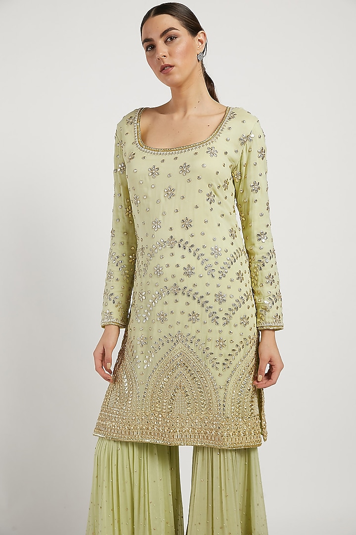 Sage Green Georgette Embroidered Gharara Set by Rabani & Rakha at Pernia's Pop Up Shop