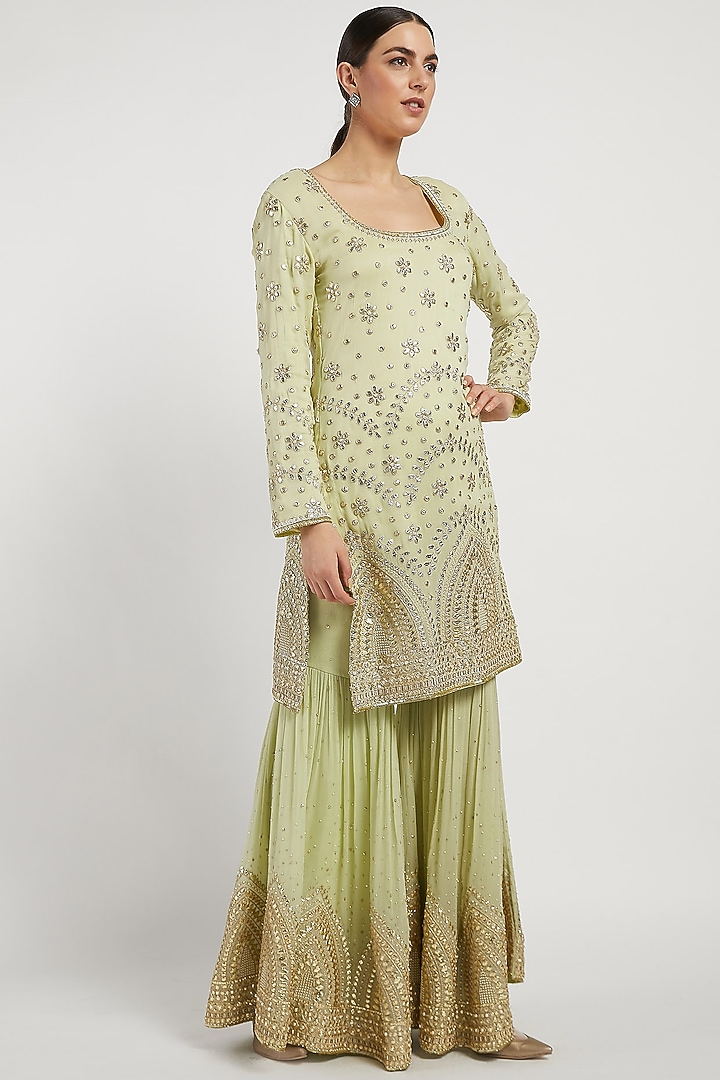 Sage Green Georgette Embroidered Gharara Set by Rabani & Rakha at Pernia's Pop Up Shop
