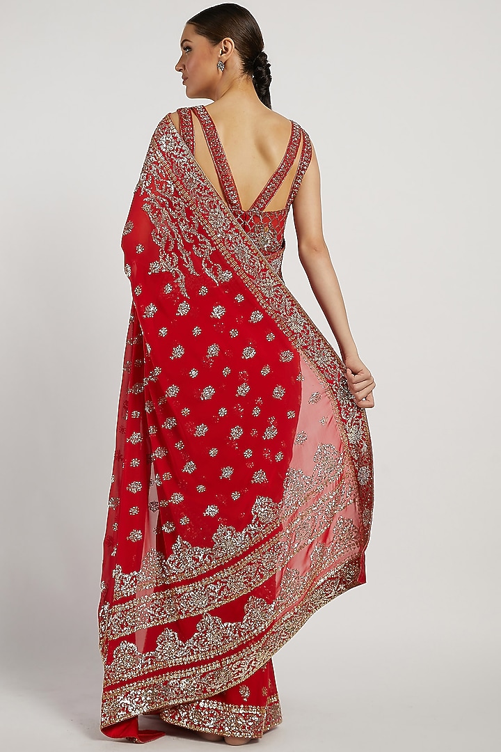 Red Hand Embroidered Reception Saree Set by Rabani & Rakha at Pernia's Pop Up Shop
