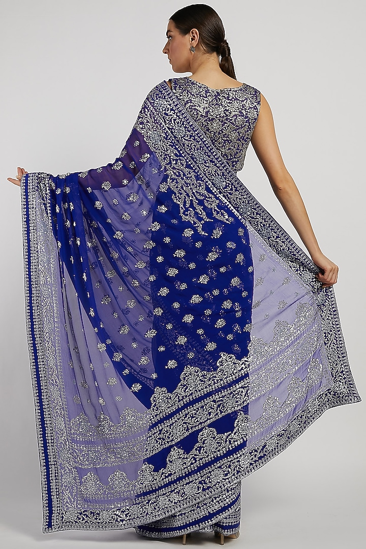 Royal Blue Hand Embroidered Reception Saree Set by Rabani & Rakha at Pernia's Pop Up Shop
