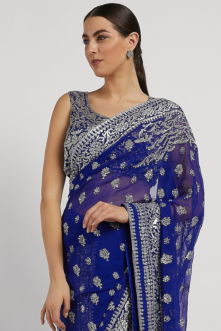 Royal Blue Hand Embroidered Reception Saree Set by Rabani & Rakha at Pernia's Pop Up Shop