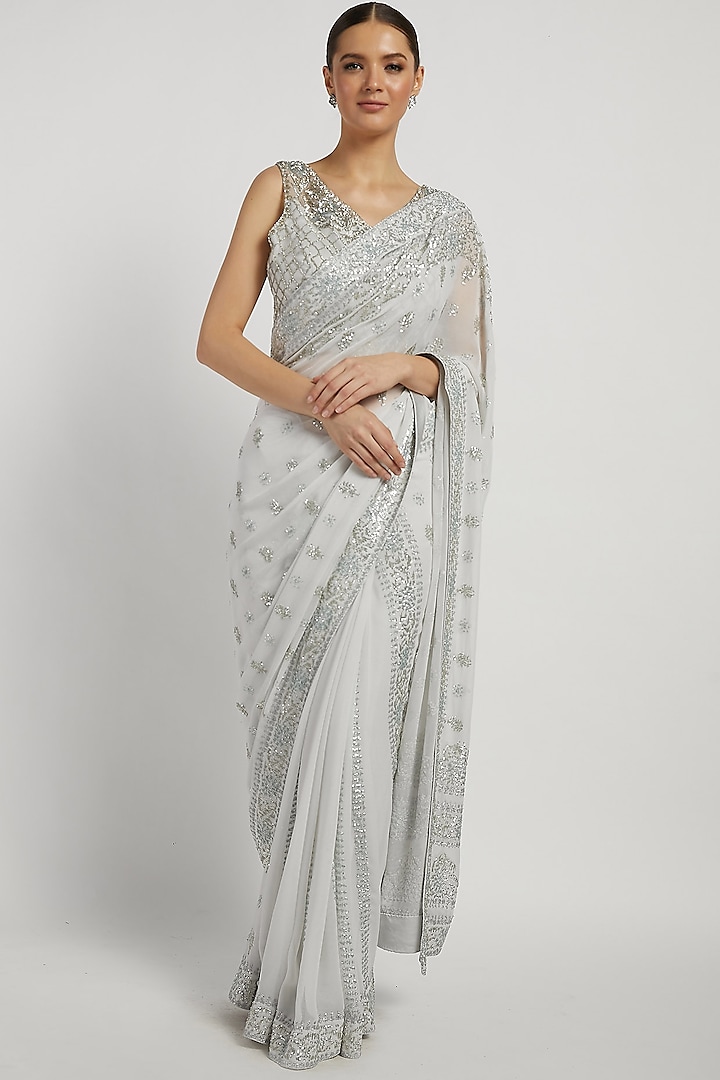 Off White Hand Embroidered Reception Saree Set by Rabani & Rakha at Pernia's Pop Up Shop