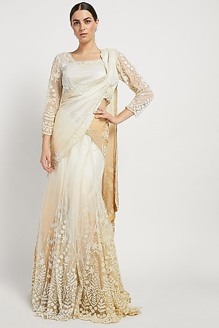 Off-White Chiffon Hand Embroidered Lehenga Saree Set by Rabani & Rakha