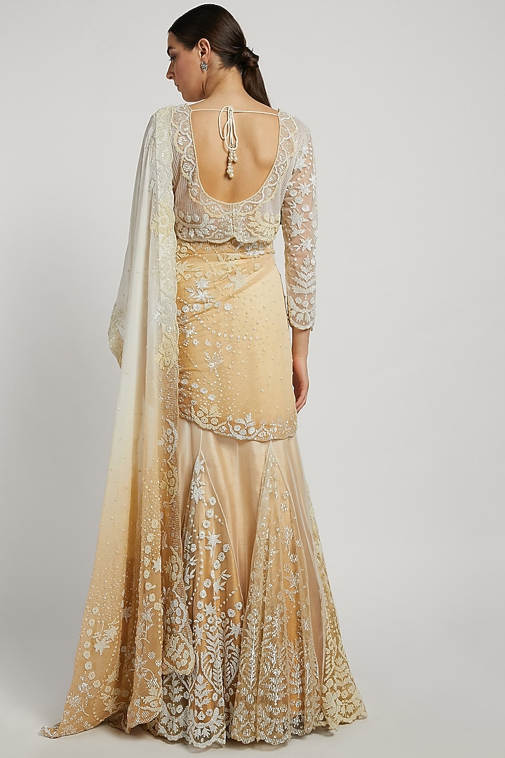 Off-White Chiffon Hand Embroidered Bridal Lehenga Saree Set by Rabani & Rakha at Pernia's Pop Up Shop