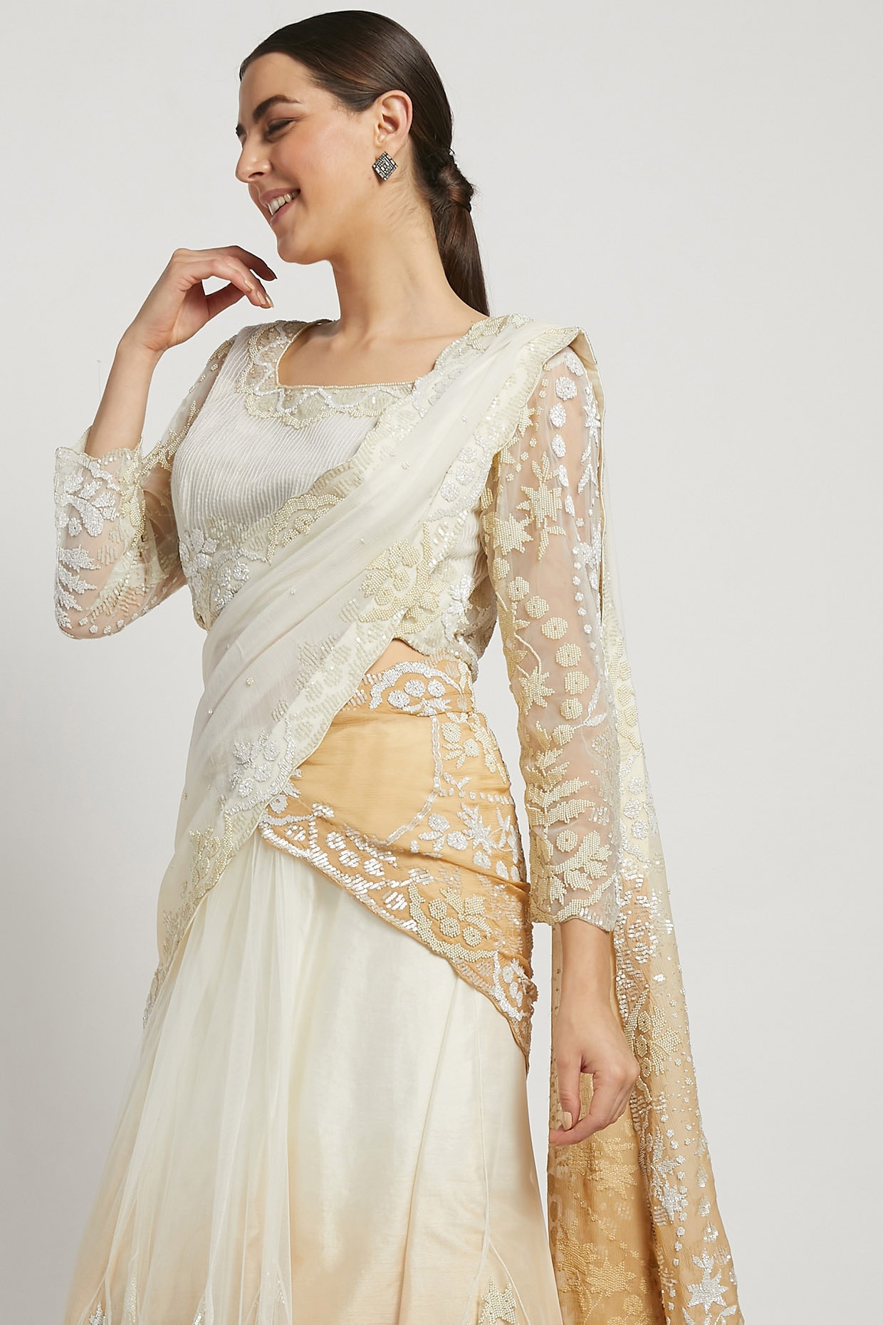 Heavy Embroidered White Lehenga Saree Set - Dress me Royal