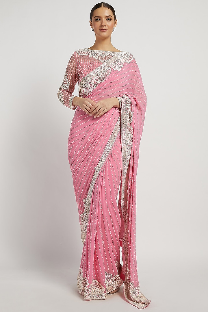 Pink Hand Embroidered Reception Saree Set by Rabani & Rakha at Pernia's Pop Up Shop