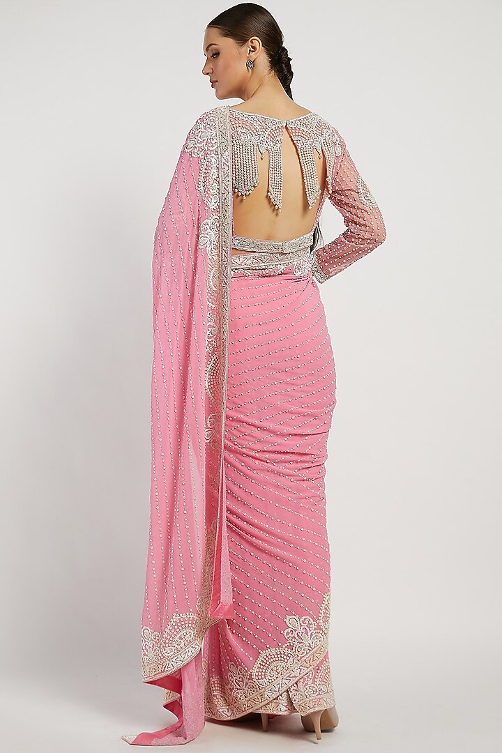 Pink Hand Embroidered Reception Saree Set by Rabani & Rakha at Pernia's Pop Up Shop