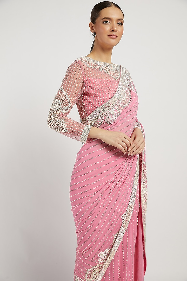 Pink Hand Embroidered Reception Saree Set by Rabani & Rakha at Pernia's Pop Up Shop