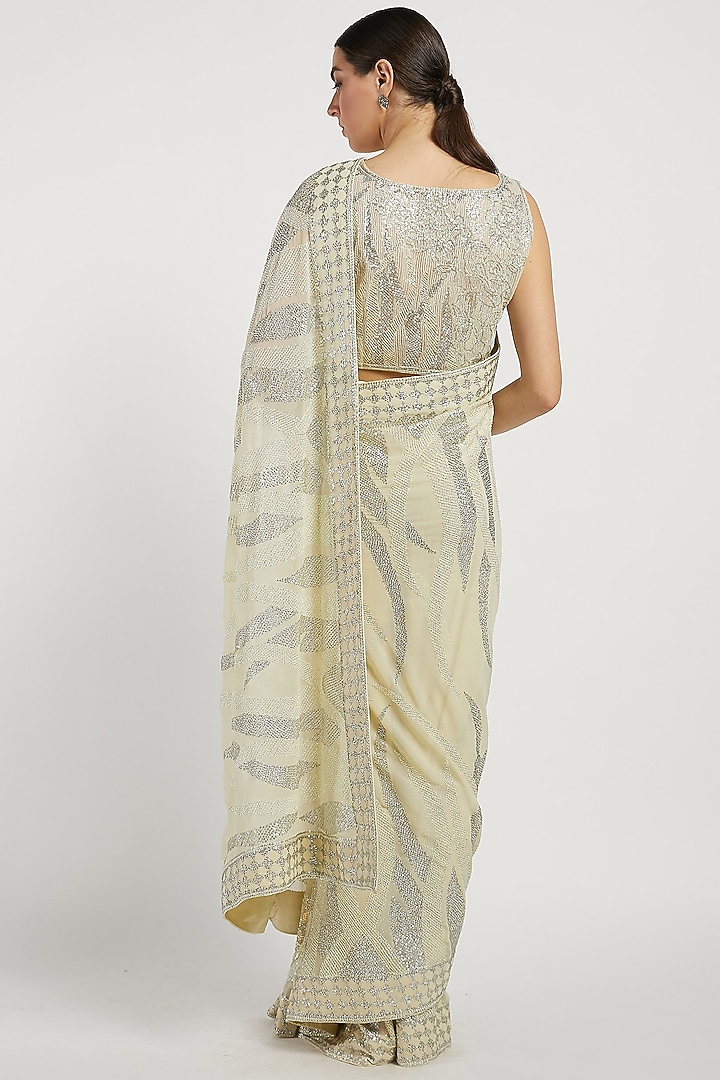 Light Beige Hand Embroidered Reception Saree Set by Rabani & Rakha at Pernia's Pop Up Shop