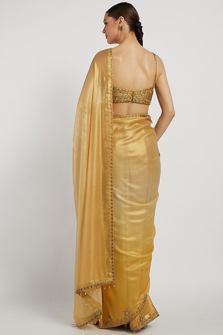 Gold Hand Embroidered Reception Saree Set by Rabani & Rakha at Pernia's Pop Up Shop