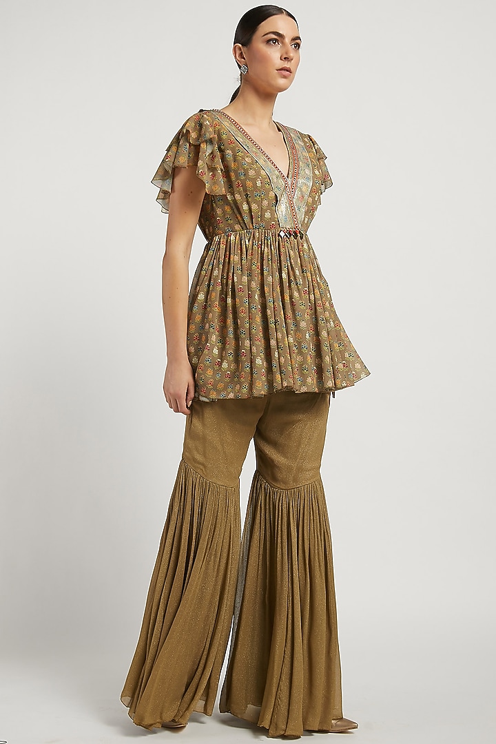 Gold Shimmer Georgette Gharara Set by Rabani & Rakha at Pernia's Pop Up Shop