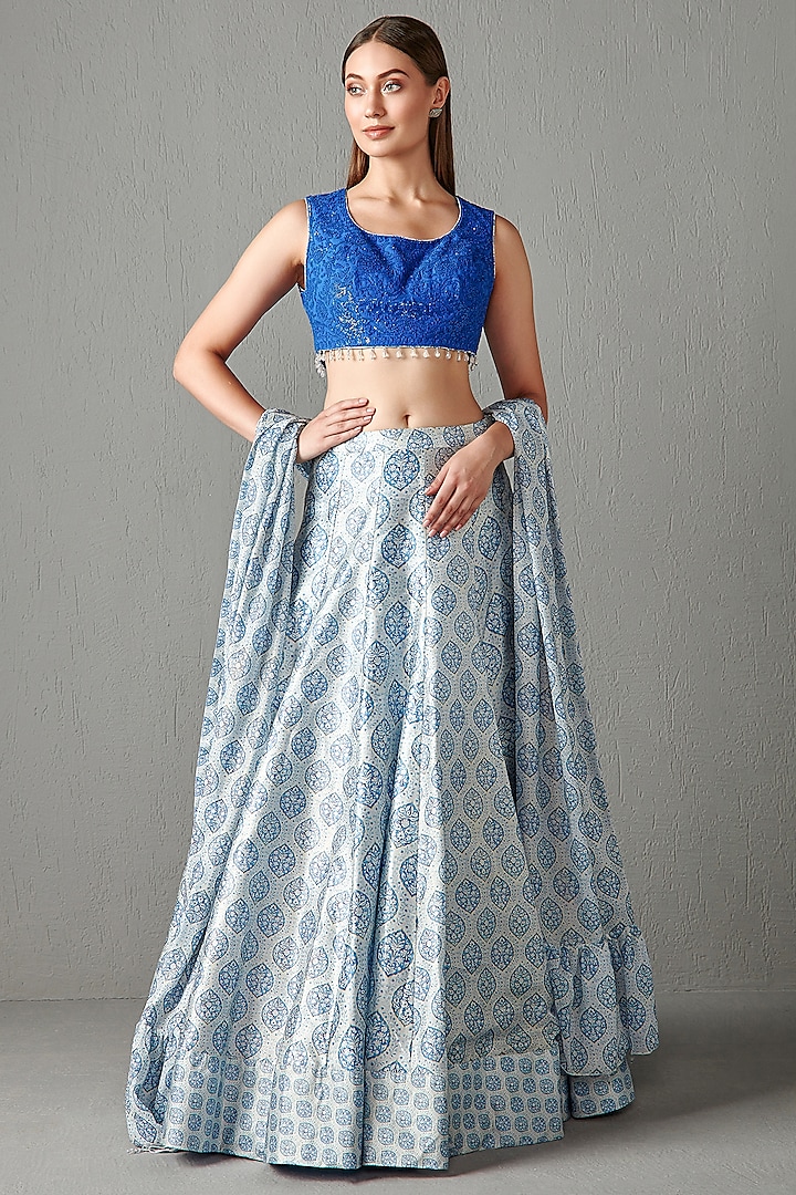 Powder Blue Printed Wedding Lehenga Set by Rabani & Rakha at Pernia's Pop Up Shop