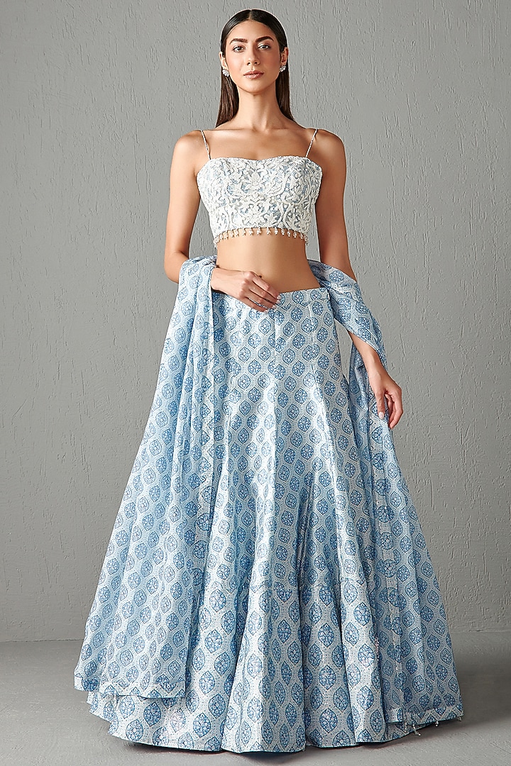 Powder Blue Booti Printed Wedding Lehenga Set by Rabani & Rakha at Pernia's Pop Up Shop